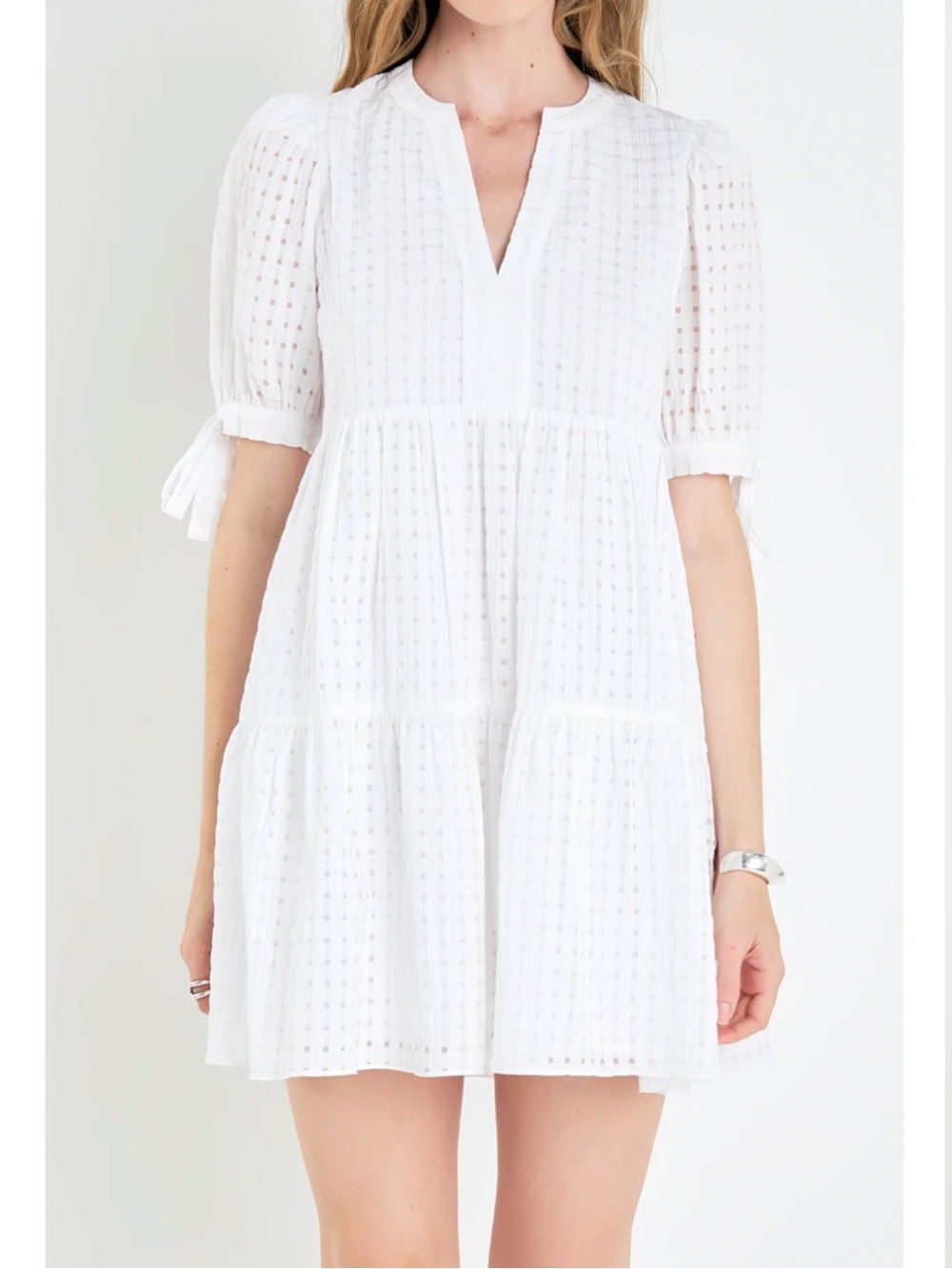 English Factory Gingham Tiered Mini Dress - Flowy, White, Summer Dress, Size M - Picture 3 of 13